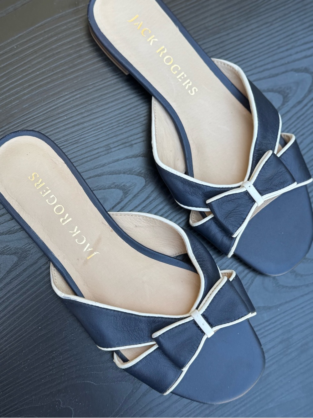 Jack Rogers Navy and Cream Bow Slide Mules